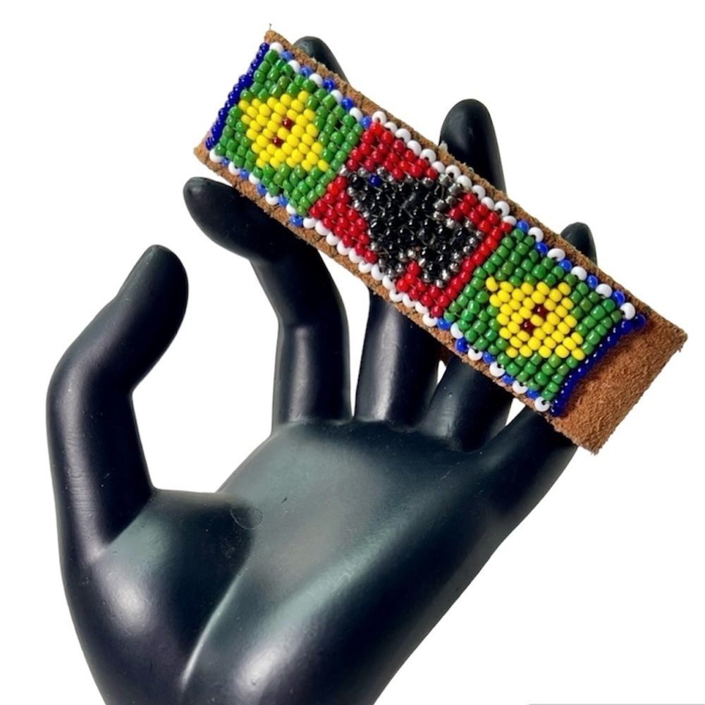 Vintage Leather Hand Beaded Cuff Bracelet Snap Closure Native